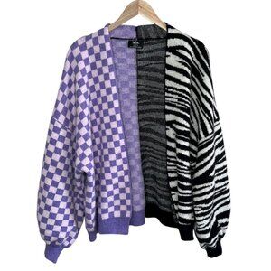 Dressed in Lala Large Purple Checkered Zebra Print Knit Cardigan